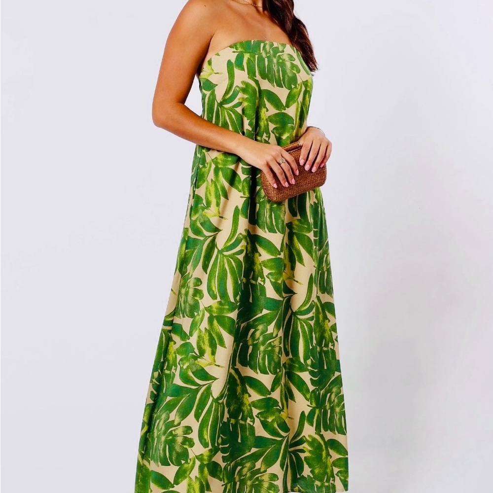 PETAL AND PUP Strapless Green Floral Print Maxi Dress SZ SMALL EUC (worn once)